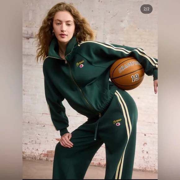 Champion Dark Green Wide-Leg Track Pants with Side Stripe - Picture 2 of 6